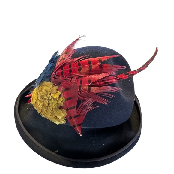 Vtg Ricki Original Black Fur Felt Merrimac Hat Colorful Feathers Half Bowler - Picture 9 of 10